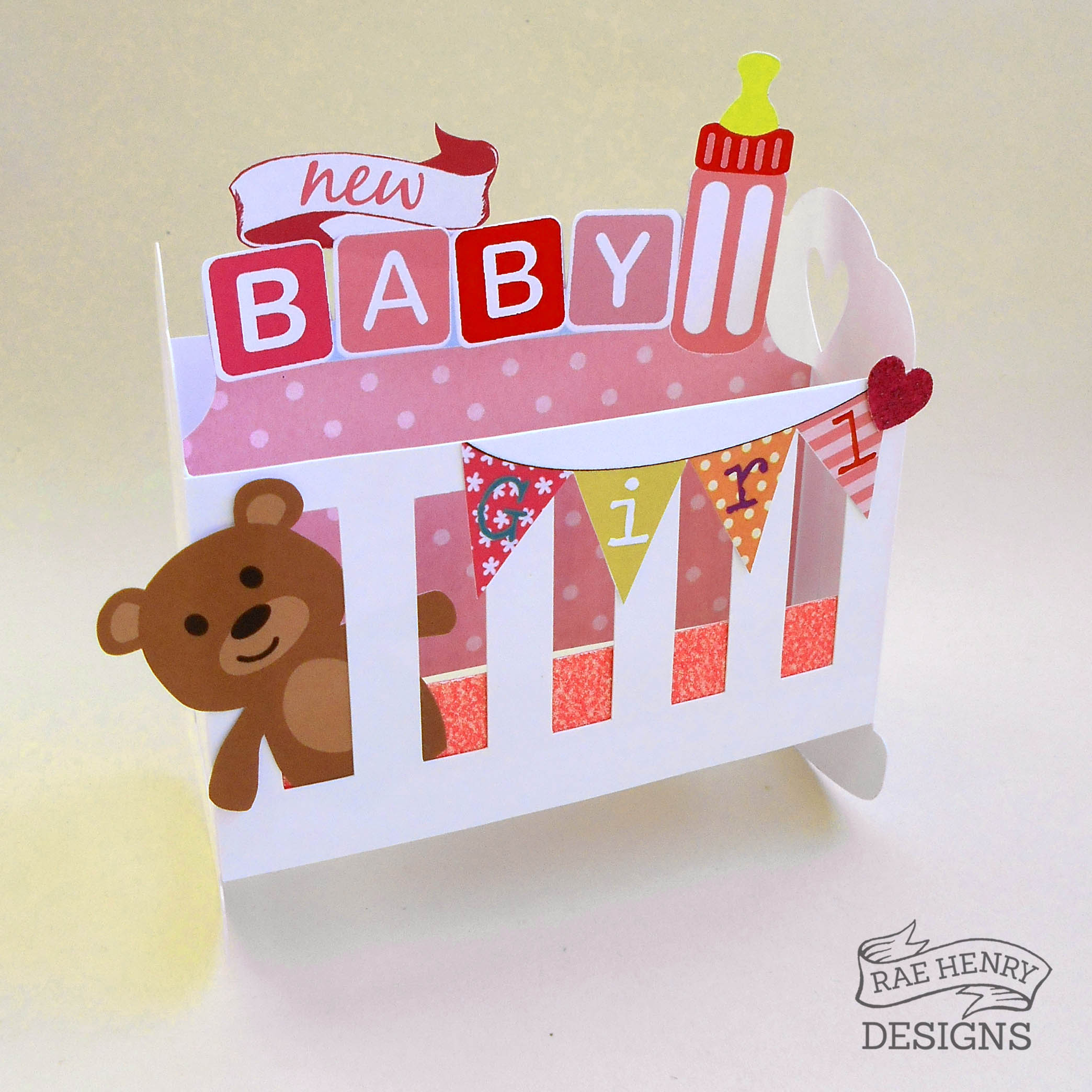 Pink Cot New Baby Grandchild Greetings Card Teddy Bear & Bunting 7.5 x 5.25