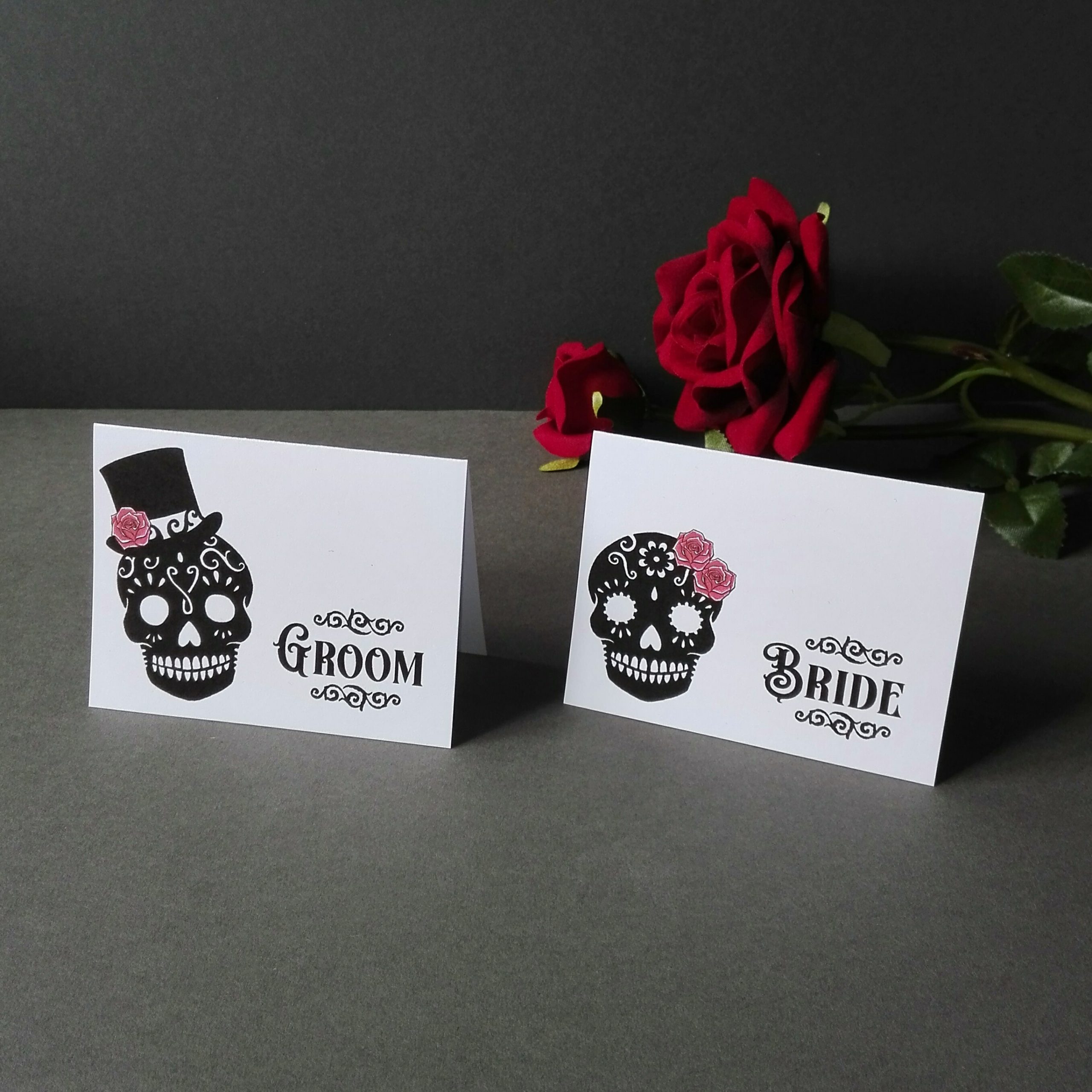 10 Red Sugar Skull Place Name Cards Rockabilly Tattoo Wedding Day of the Dead 