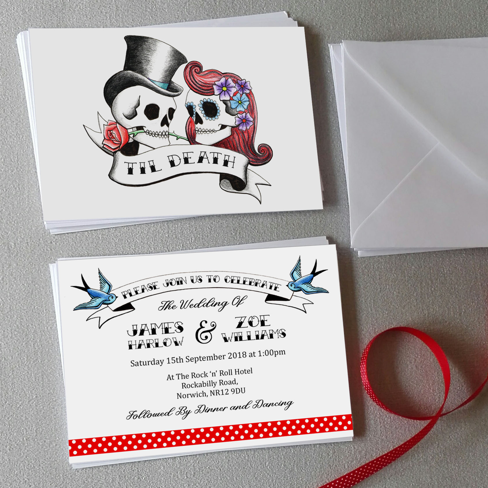 rockabilly skull wedding invitations