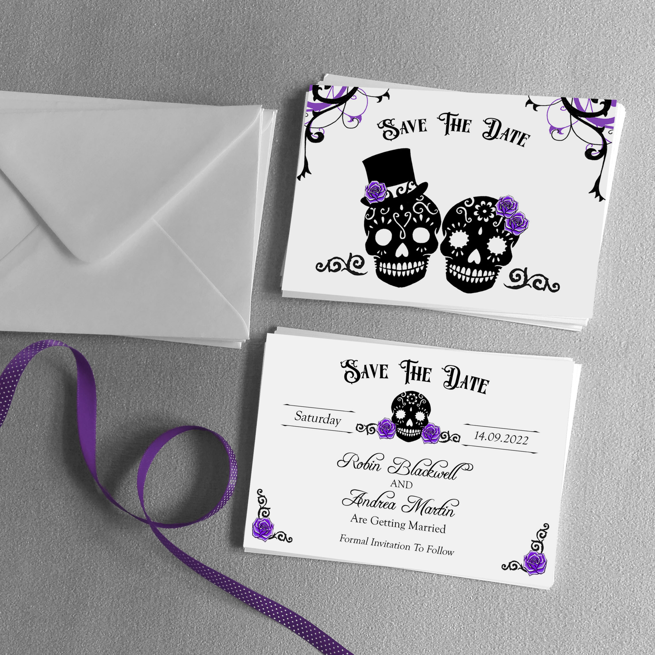 gothic sugar skulls save the date